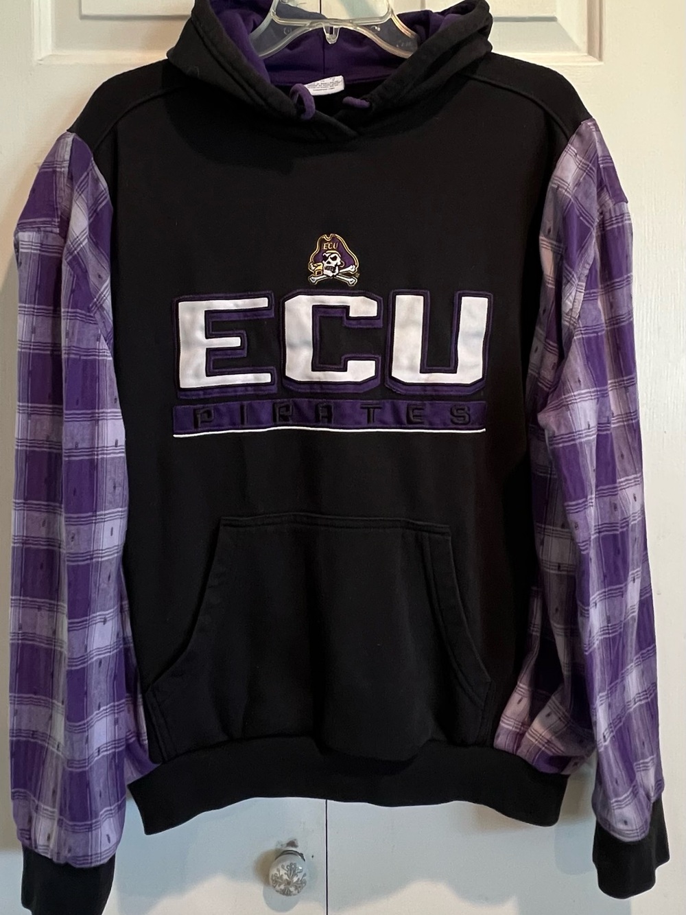 UPCYCLED💜💛ECU Pirates Black & Purple Hoodie w added Purple Plaid Sleeves